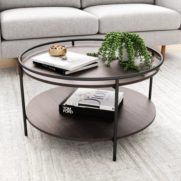 Nathan James Paloma Round Coffee Table for Tea or Cocktail 2-Tier Minimalist Tray Top Edge, Dark Oak/Matte Black