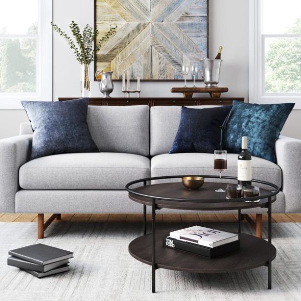Nathan James Paloma Round Coffee Table for Tea or Cocktail 2-Tier Minimalist Tray Top Edge, Dark Oak/Matte Black