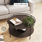 Nathan James Paloma Round Coffee Table for Tea or Cocktail 2-Tier Minimalist Tray Top Edge, Dark Oak/Matte Black