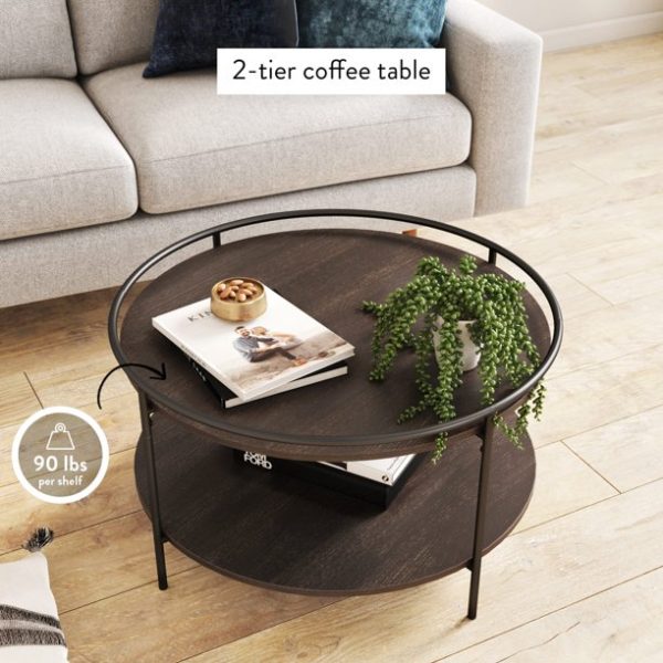 Nathan James Paloma Round Coffee Table for Tea or Cocktail 2-Tier Minimalist Tray Top Edge, Dark Oak/Matte Black