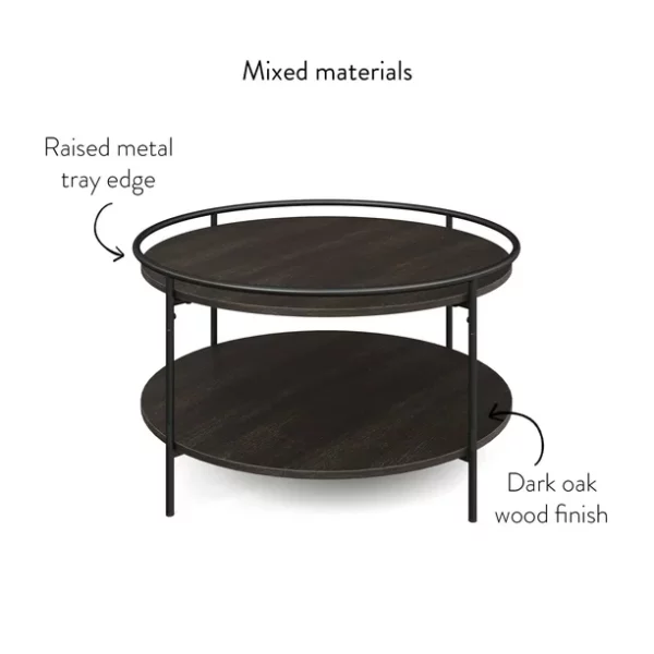 Nathan James Paloma Round Coffee Table for Tea or Cocktail 2-Tier Minimalist Tray Top Edge, Dark Oak/Matte Black