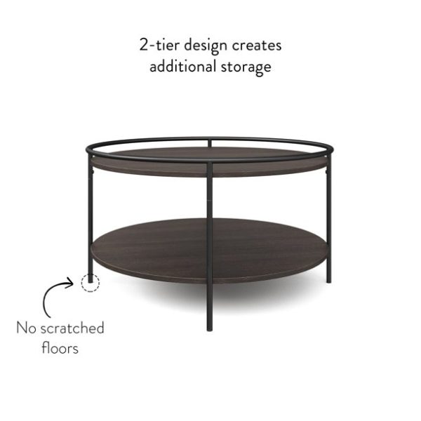 Nathan James Paloma Round Coffee Table for Tea or Cocktail 2-Tier Minimalist Tray Top Edge, Dark Oak/Matte Black