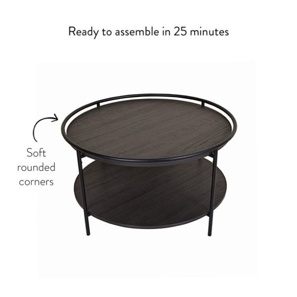 Nathan James Paloma Round Coffee Table for Tea or Cocktail 2-Tier Minimalist Tray Top Edge, Dark Oak/Matte Black