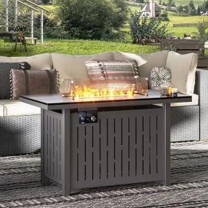 LAUSAINT HOME 43" Outdoor Fire Pit Table, 50,000 BTU Auto-Ignition Gas Fire Pit with Glass Wind Guard (Metal)