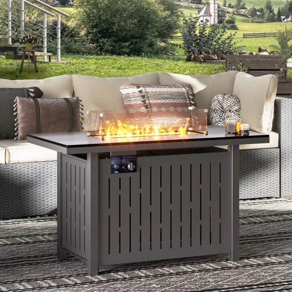 LAUSAINT HOME 43" Outdoor Fire Pit Table, 50,000 BTU Auto-Ignition Gas Fire Pit with Glass Wind Guard (Metal)
