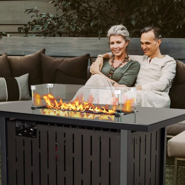 LAUSAINT HOME 43" Outdoor Fire Pit Table, 50,000 BTU Auto-Ignition Gas Fire Pit with Glass Wind Guard (Metal)