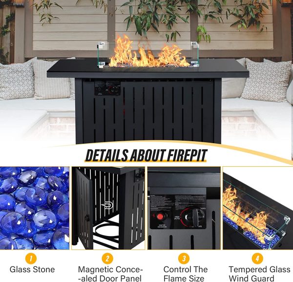 LAUSAINT HOME 43" Outdoor Fire Pit Table, 50,000 BTU Auto-Ignition Gas Fire Pit with Glass Wind Guard (Metal)