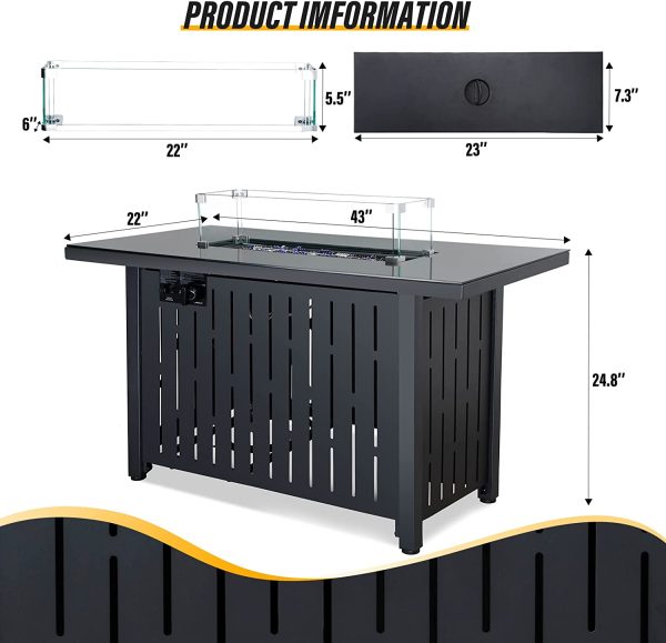 LAUSAINT HOME 43" Outdoor Fire Pit Table, 50,000 BTU Auto-Ignition Gas Fire Pit with Glass Wind Guard (Metal)