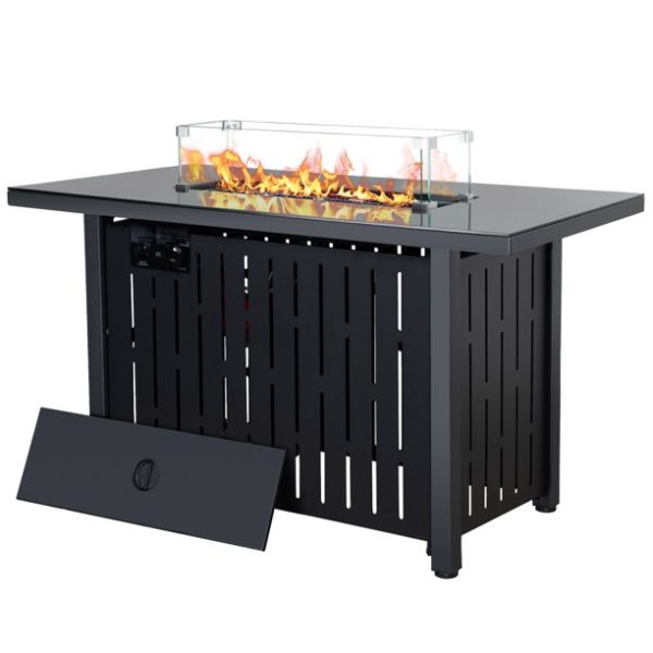 LAUSAINT HOME 43" Outdoor Fire Pit Table, 50,000 BTU Auto-Ignition Gas Fire Pit with Glass Wind Guard (Metal)