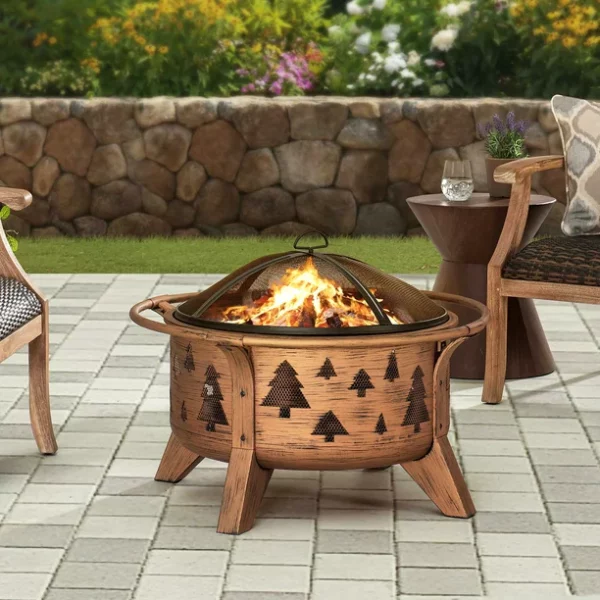 Sunjoy 30 in. Outdoor Wood-Burning Fire Pit, Patio Tree Motif Round Steel Firepit Large Fire Pits for Outside with Spark Screen and Poker
