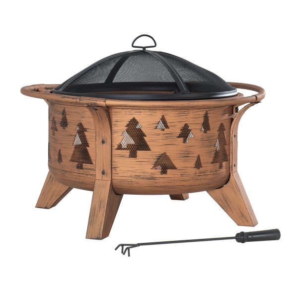 Sunjoy 30 in. Outdoor Wood-Burning Fire Pit, Patio Tree Motif Round Steel Firepit Large Fire Pits for Outside with Spark Screen and Poker