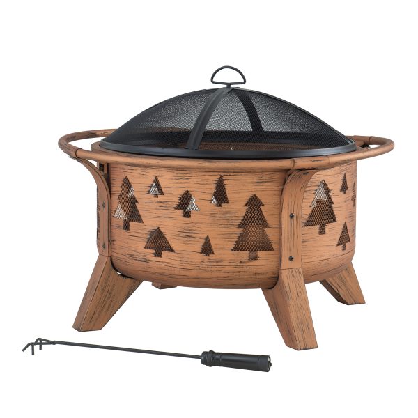 Sunjoy 30 in. Outdoor Wood-Burning Fire Pit, Patio Tree Motif Round Steel Firepit Large Fire Pits for Outside with Spark Screen and Poker