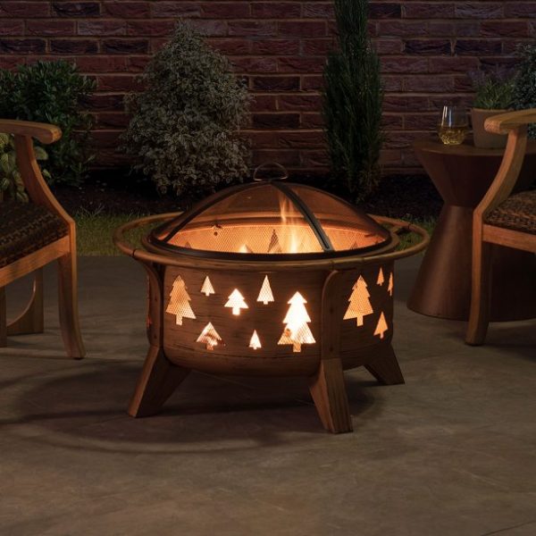 Sunjoy 30 in. Outdoor Wood-Burning Fire Pit, Patio Tree Motif Round Steel Firepit Large Fire Pits for Outside with Spark Screen and Poker