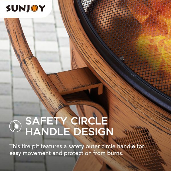 Sunjoy 30 in. Outdoor Wood-Burning Fire Pit, Patio Tree Motif Round Steel Firepit Large Fire Pits for Outside with Spark Screen and Poker