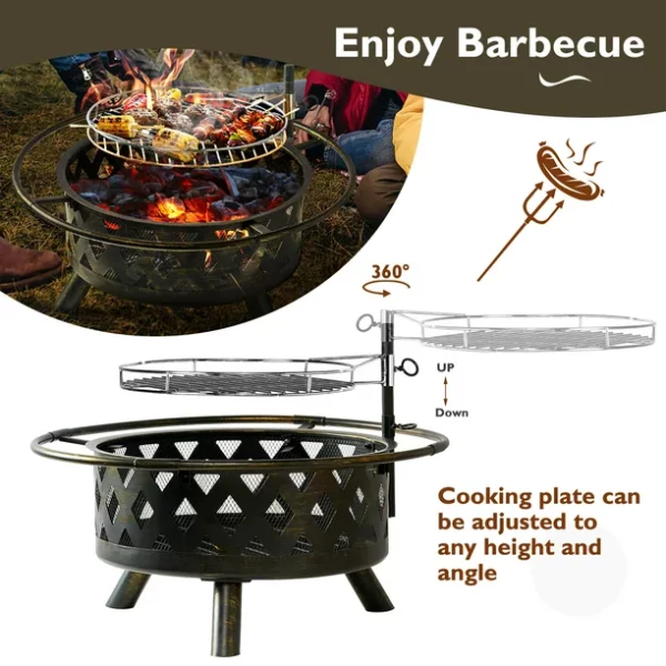 BaPiPro Fire Pit for Outside 30 Inch Outdoor Wood Burning Firepit Large Steel Firepit Bowl with Removable Cooking Swivel BBQ Grill for Backyard Bonfire Patio