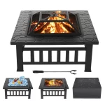 SinglyFire 32 inch Fire Pit Table for Outside Square Outdoor Fire Pit Wood Burning BBQ Tabletop Firepit Metal Stove Bonfire Pit for Patio Backyard Garden Camping with Cover, Spark Screen, Log GratePoker