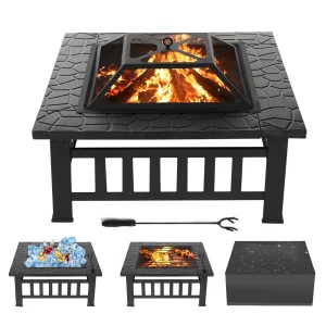 SinglyFire 32 inch Fire Pit Table for Outside Square Outdoor Fire Pit Wood Burning BBQ Tabletop Firepit Metal Stove Bonfire Pit for Patio Backyard Garden Camping with Cover, Spark Screen, Log GratePoker