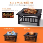 SinglyFire 32 inch Fire Pit Table for Outside Square Outdoor Fire Pit Wood Burning BBQ Tabletop Firepit Metal Stove Bonfire Pit for Patio Backyard Garden Camping with Cover, Spark Screen, Log GratePoker