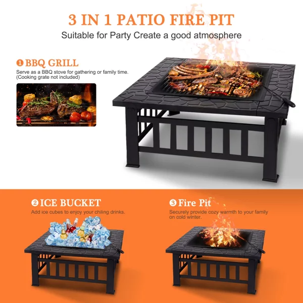 SinglyFire 32 inch Fire Pit Table for Outside Square Outdoor Fire Pit Wood Burning BBQ Tabletop Firepit Metal Stove Bonfire Pit for Patio Backyard Garden Camping with Cover, Spark Screen, Log GratePoker