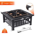 SinglyFire 32 inch Fire Pit Table for Outside Square Outdoor Fire Pit Wood Burning BBQ Tabletop Firepit Metal Stove Bonfire Pit for Patio Backyard Garden Camping with Cover, Spark Screen, Log GratePoker