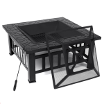 SinglyFire 32 inch Fire Pit Table for Outside Square Outdoor Fire Pit Wood Burning BBQ Tabletop Firepit Metal Stove Bonfire Pit for Patio Backyard Garden Camping with Cover, Spark Screen, Log GratePoker