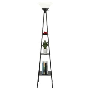 Preenex Floor Lamp with 3-Layer Etagere Home Office Storage Light Decor Furniture Charcoal Finish Alabaster White Glass Shade with 9W LED Bulb &Metal Base