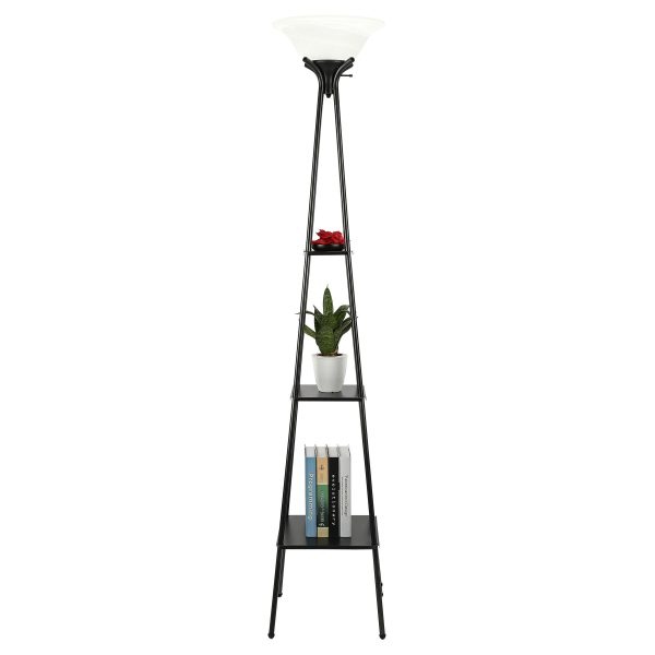 Preenex Floor Lamp with 3-Layer Etagere Home Office Storage Light Decor Furniture Charcoal Finish Alabaster White Glass Shade with 9W LED Bulb &Metal Base