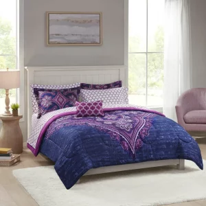 Mainstays Purple Medallion 8 Piece Bed in a Bag Comforter Set With Sheets, Queen