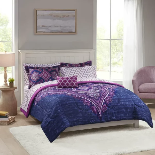 Mainstays Purple Medallion 8 Piece Bed in a Bag Comforter Set With Sheets, Queen