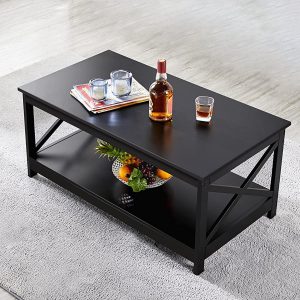 SKONYON Coffee Table Living Room Furniture Table with Storage Shelf, Black