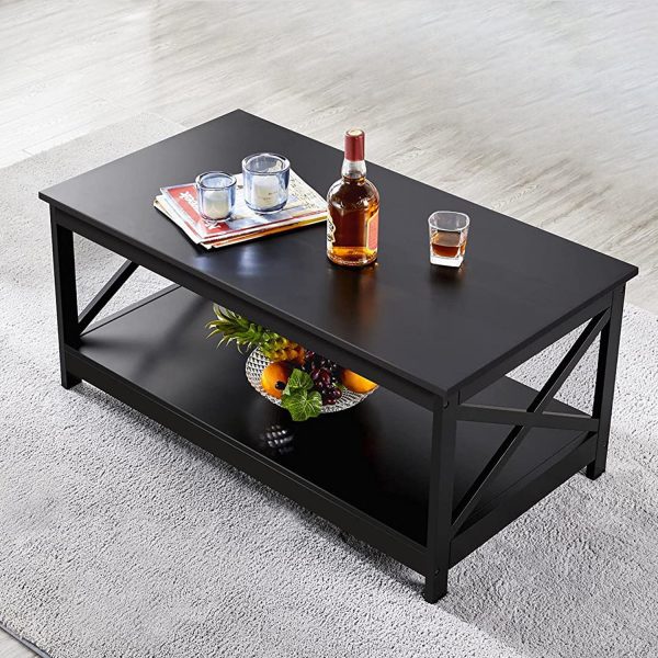 SKONYON Coffee Table Living Room Furniture Table with Storage Shelf, Black