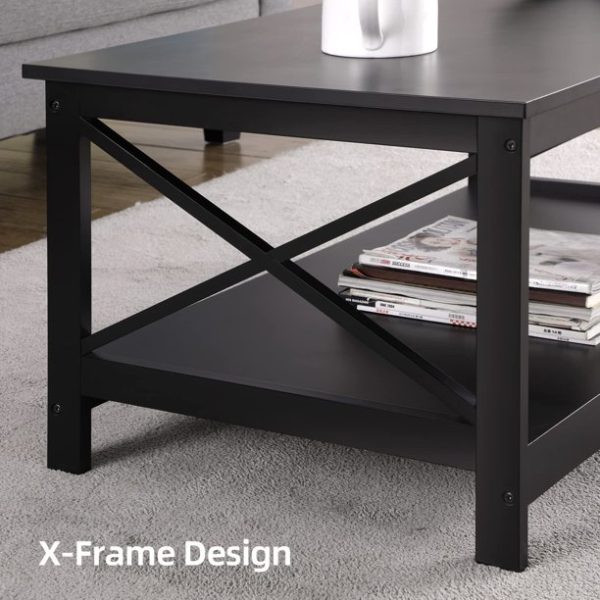 SKONYON Coffee Table Living Room Furniture Table with Storage Shelf, Black
