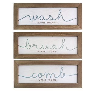 Set of 3 White and Brown Wash, Brush, Comb Bath Art 14.25"