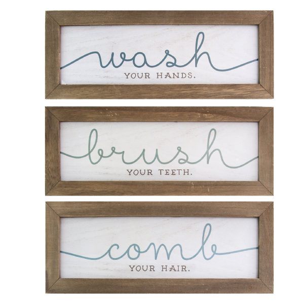Set of 3 White and Brown Wash, Brush, Comb Bath Art 14.25"