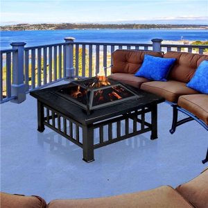 Square Metal Fire Pit with Cover and Poker Image 2