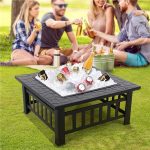 Outdoor 32'' Square Metal Fire Pit with Cover and Poker, Black
