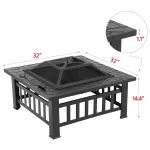 Outdoor 32'' Square Metal Fire Pit with Cover and Poker, Black