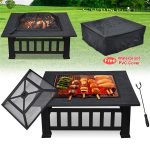 Outdoor 32'' Square Metal Fire Pit with Cover and Poker, Black