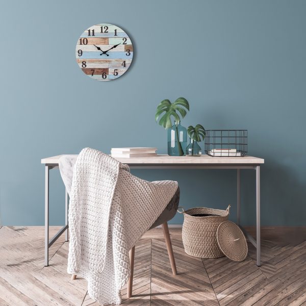 Stonebriar 14" Blue Analog Round Coastal Battery Operated Wall Clock