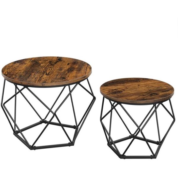 Vasagle Round Coffee Table Set of 2, Side End Table with Steel Frame for Living Room,Rustic Brown and Black