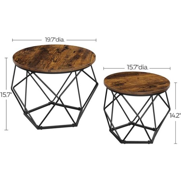 Vasagle Round Coffee Table Set of 2, Side End Table with Steel Frame for Living Room,Rustic Brown and Black
