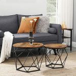 Vasagle Round Coffee Table Set of 2, Side End Table with Steel Frame for Living Room,Rustic Brown and Black