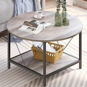YITAHOME Round Coffee Table, Rustic Wood Coffee Tables for Living Room with Storage Shelf, Modern Farmhouse Circle Coffee Table Center Sofa Table with Sturdy Metal Legs Home Patio Furniture, Gray