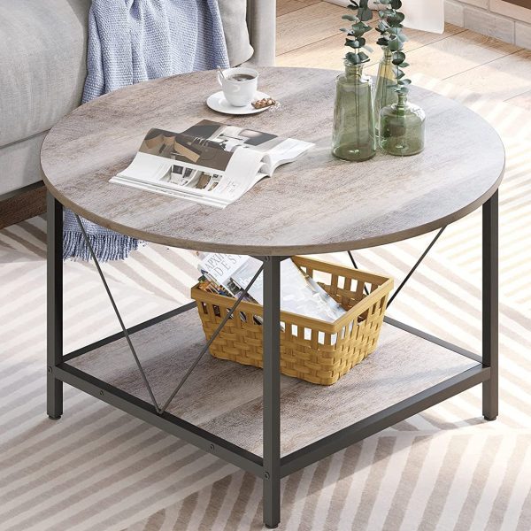YITAHOME Round Coffee Table, Rustic Wood Coffee Tables for Living Room with Storage Shelf, Modern Farmhouse Circle Coffee Table Center Sofa Table with Sturdy Metal Legs Home Patio Furniture, Gray