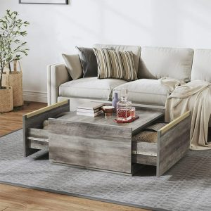 YITAHOME Square Coffee Table with Storage, Coffee Tables for Living Room, Large Table with Drawers for Bedroom,Gold Metal Handle,Grey Wash