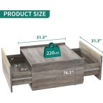 YITAHOME Square Coffee Table with Storage, Coffee Tables for Living Room, Large Table with Drawers for Bedroom,Gold Metal Handle,Grey Wash