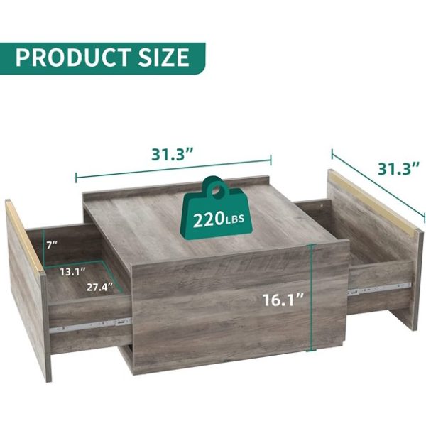 YITAHOME Square Coffee Table with Storage, Coffee Tables for Living Room, Large Table with Drawers for Bedroom,Gold Metal Handle,Grey Wash