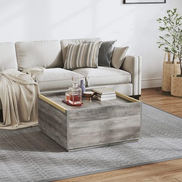 YITAHOME Square Coffee Table with Storage, Coffee Tables for Living Room, Large Table with Drawers for Bedroom,Gold Metal Handle,Grey Wash