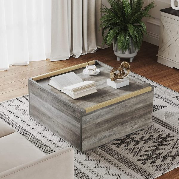 YITAHOME Square Coffee Table with Storage, Coffee Tables for Living Room, Large Table with Drawers for Bedroom,Gold Metal Handle,Grey Wash
