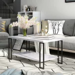 Zimtown 2-Tier Rectangular Coffee Table with Black Metal Frame and Hollow Metal Legs for Living Room Accent Furniture Beside Sofa Cocktail Table